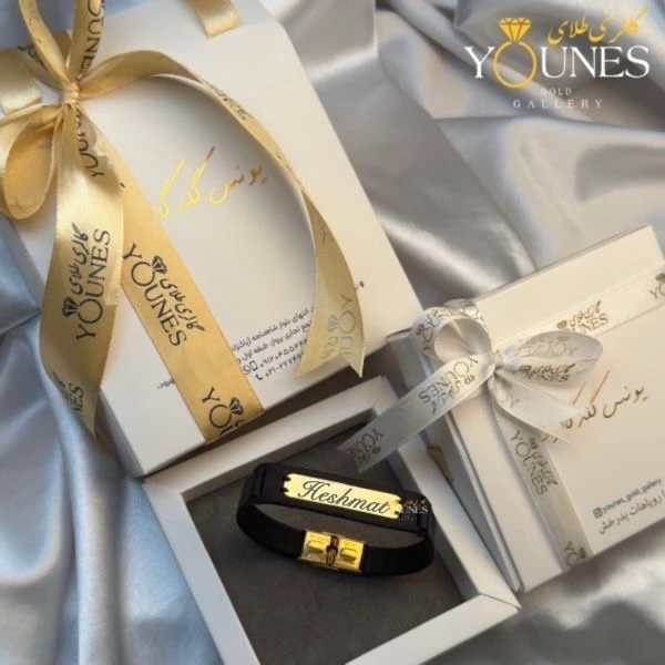 دستبند چرم مردانه طلا حکاکی اسم Heshmat حشمت